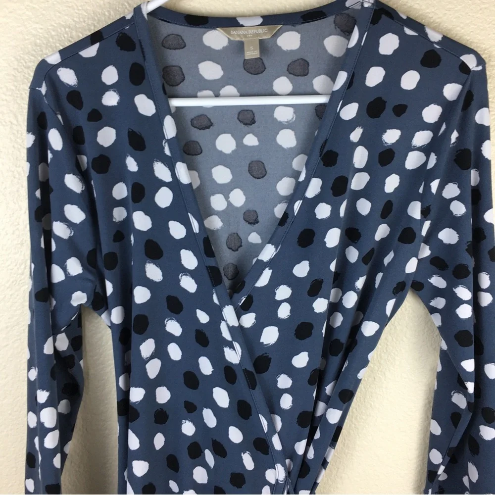 Banana Republic Wrap Dress Gray Black White Polka Dot Stretch 3/4 Sleeve Size S - Picture 8 of 13